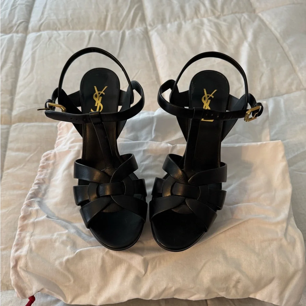 Saint Laurent Black Leather Strappy Platform Heels with Gold Logo - Picture 10 of 14
